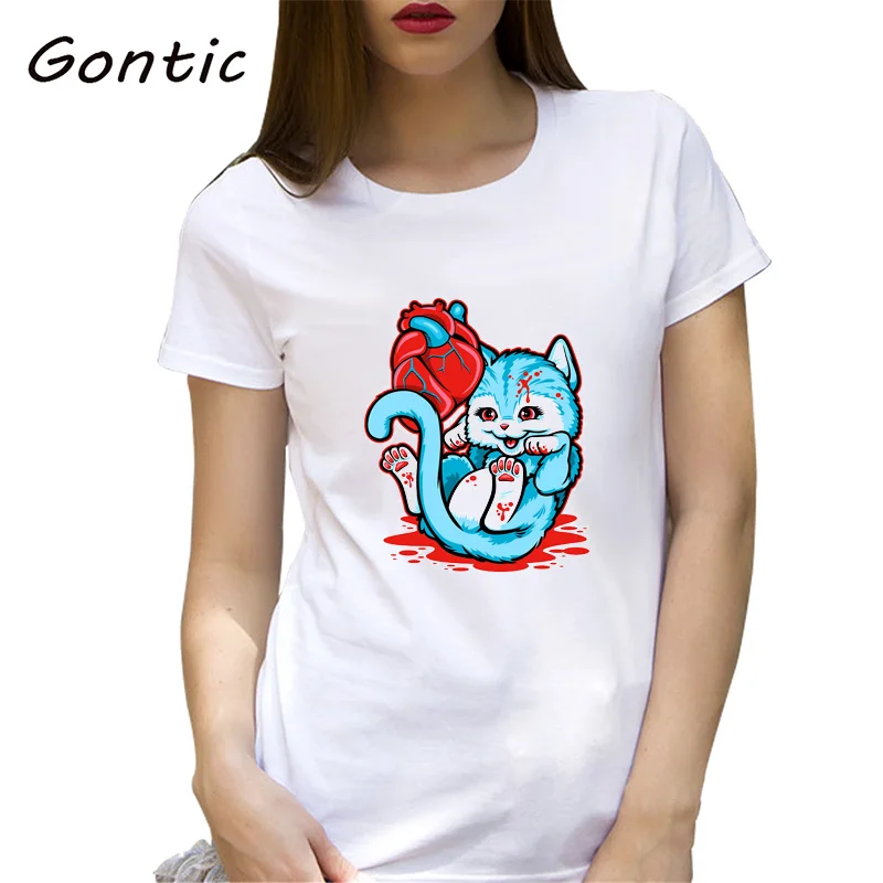 

Cat Got Your Heart gothic Dark style Killer cat funny print t shirt summer short sleeve cotton graphic tee cartoon women clothes