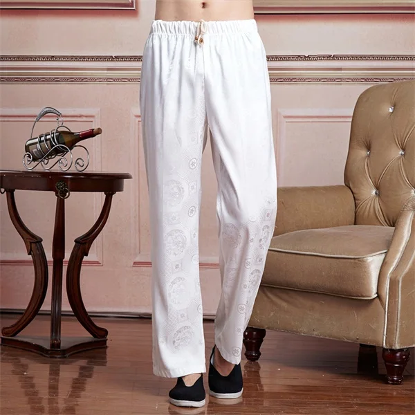 Белые китайские мужские атласные брюки Wushu мужские брюки кунг-фу masculina roupas Tai Chi одежда Размер M до XXXL 2519-4 - Цвет: White B