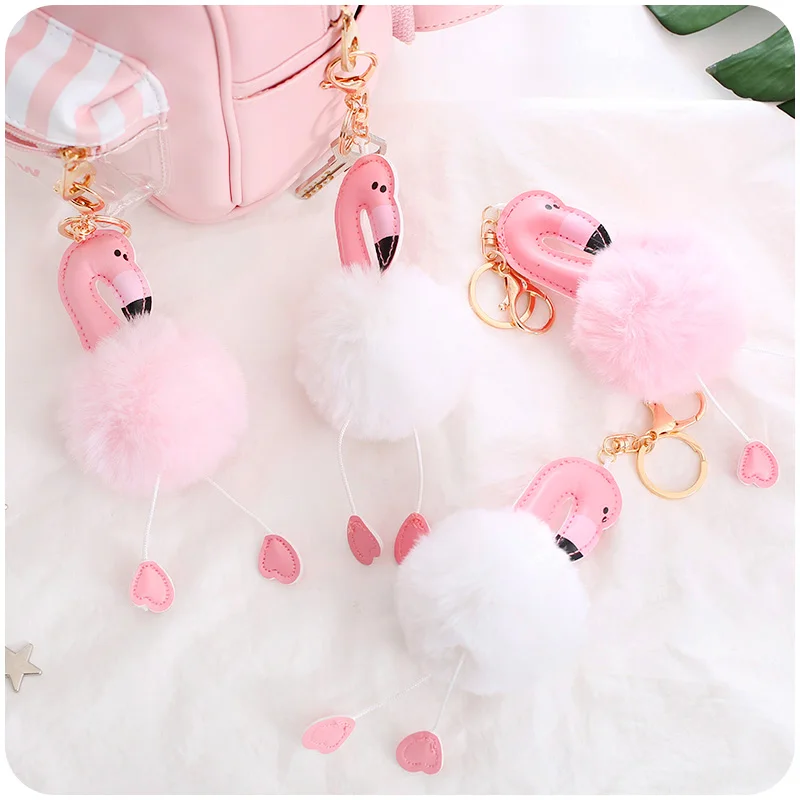 

ZLJQ Cute Unicorn Flamingo Keychain Fake Rabbit Fur Ball Pompom Women Car Bag Key Ring Birthday Party Xmas Gifts Wedding Favor 9