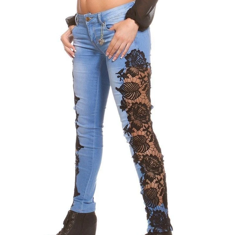 TCJULY Fashion Black Lace Spliced Skinny Jeans Women Sexy Jeans Pants Hollow Out Trousers Mom Jeans Plus Size Cotton Denim Jeans