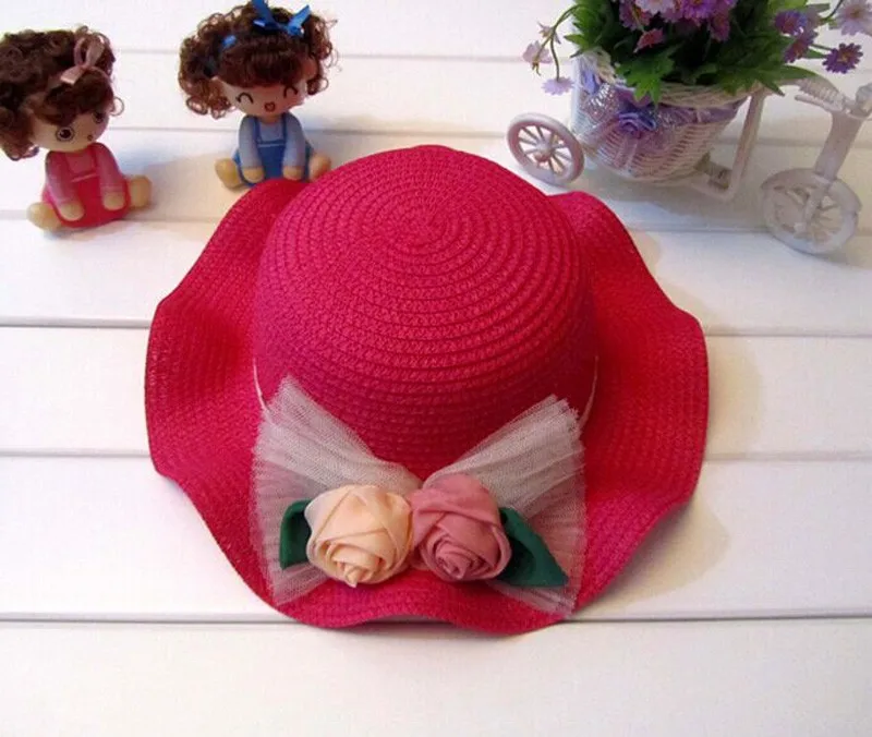 Шляпы широкополые для женщин для девочек Летняя мода дети flouncy соломенная шляпа две розы шелк бутона шапки