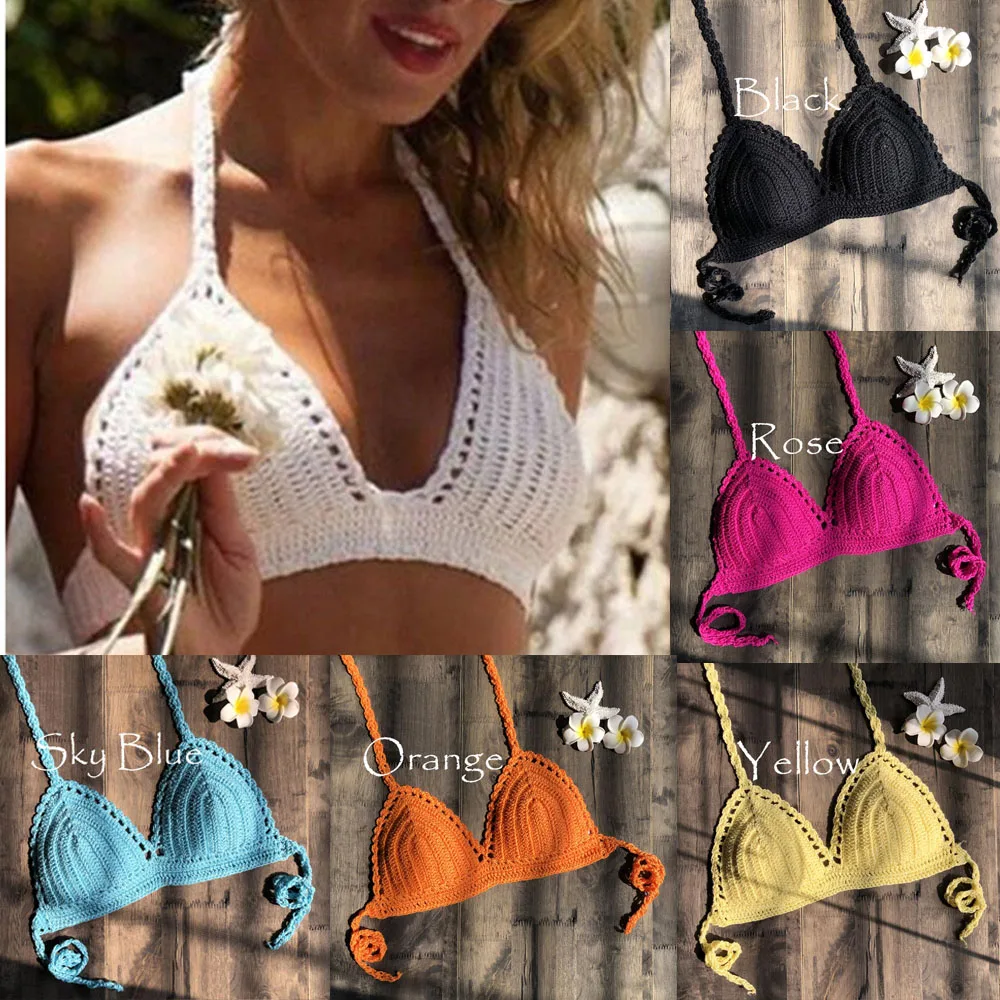 

2019 Handmade Crochet Women Bikini Top Halter Cami Tank Crop Top Breasts Women Sexy Spa Split Swimsuit Bathing Top Bra Lingerie
