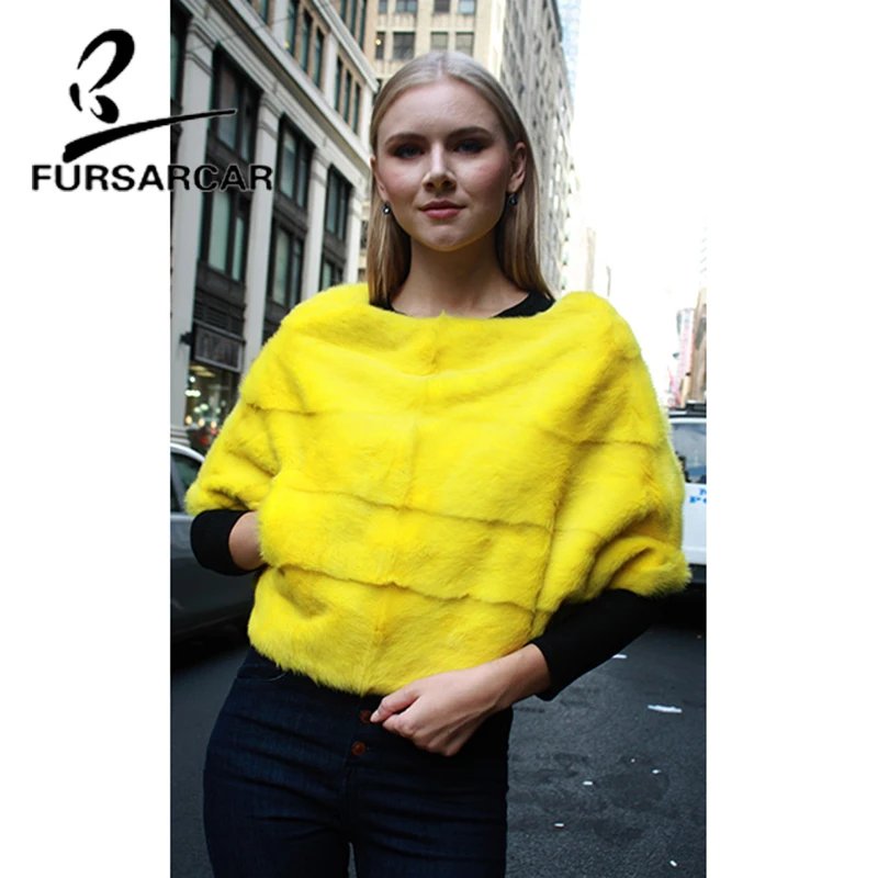 

FURSARCAR Real Mink Fur Cape Women Winter Bat Sleeved Full Pelt Mink Fur Cape Short Style O-Neck Natural Fashion Slim Fur Shawl