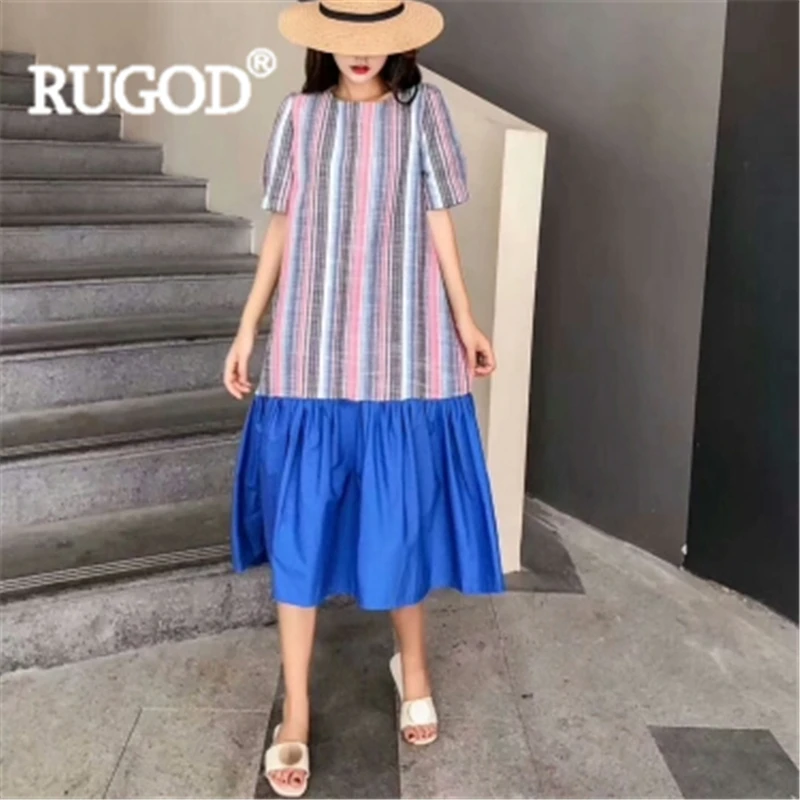 RUGOD Women patchwork striped dress o neck ruffles loose long dress new fashion female elegant chic mujer ladies korean robe - Цвет: Синий