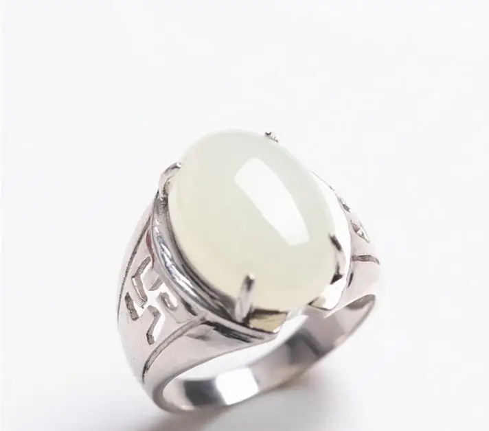 Xinjiang Hetian white jade natural genuine 925 silver gilt ring inlaid