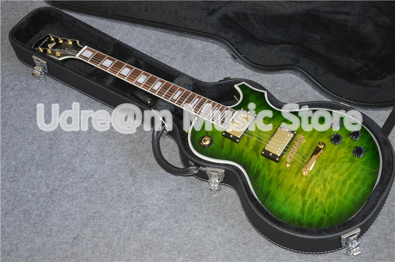 

High Quality Gold Hardware Suneye LP Custom Style Guitarra Electric In Green Quilted Finish With Guitar Case In Stock