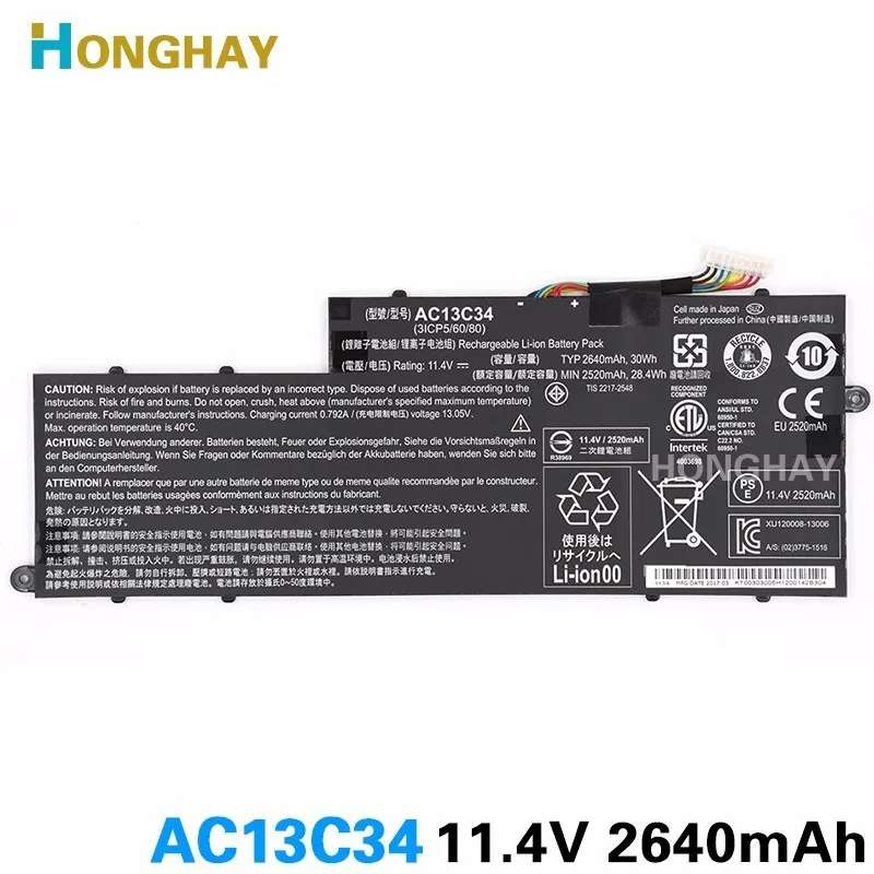 Ceny Honghay AC13C34 nowy oryginalny laptop bateria do ACER Aspire V5 122P ICP5 60 80 V5 132 E3 112 V5 122 apartments 11.4V 30wh 2640mah