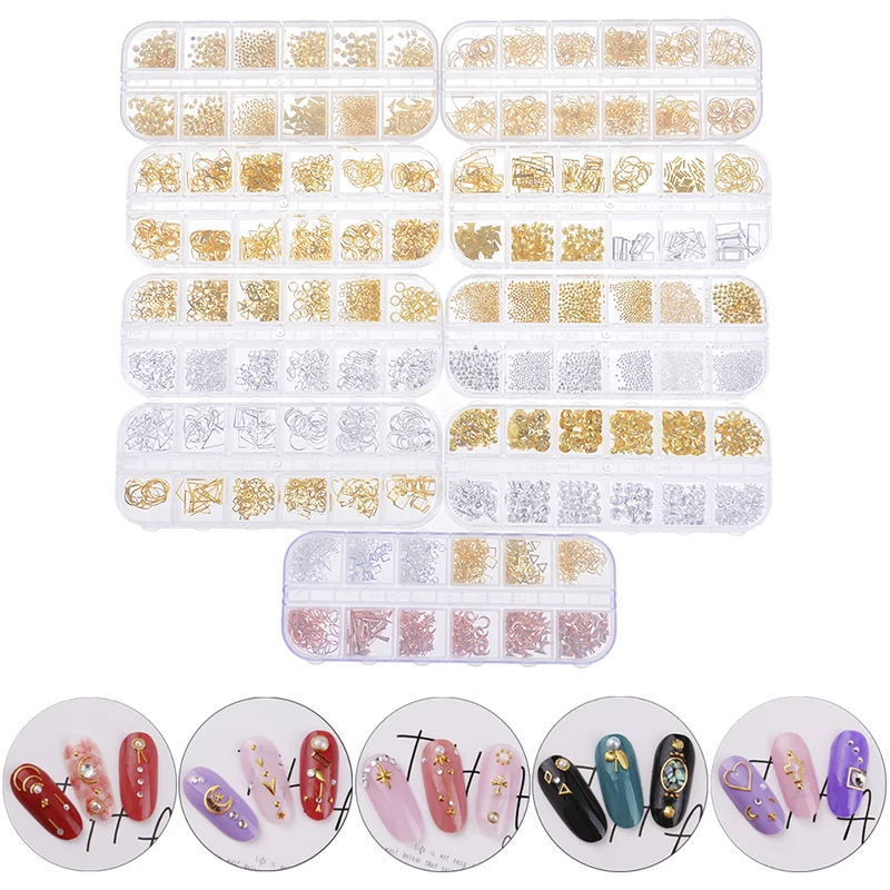 3D Nail Art DIY GlitterMetal Decorations  Nails Charms Gold Silver Manicure Nail Ornament Jewelry Beauty 12Types In One Case