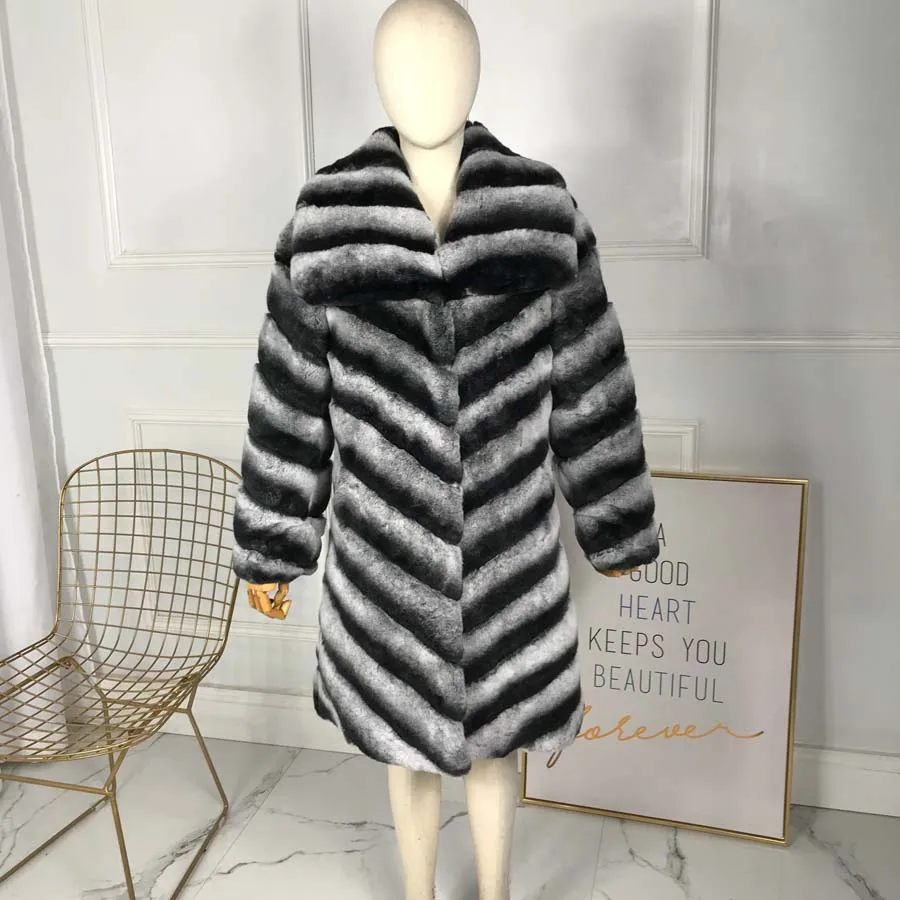 

90cm Long Rex Rabbit Fur natural chinchilla Rex Rabbit fur coat jacket overcoat turndown collar Thick Warm Genuine Fur Coat