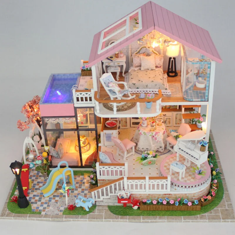 Роскошные милые вилла мебель кукольный домик Миниатюрный Diy комплект дистанционное управление светодиодные фонари деревянная игрушка кукольный дом Рождественский подарок