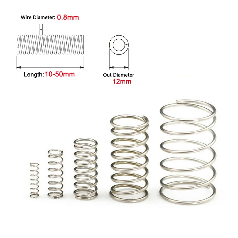

10Pcs Compression Spring 304 Stainless Steel Non-corrosive Tension Spring Wire Dia 0.8mm Outer Dia 12mm Length 10mm-50mm