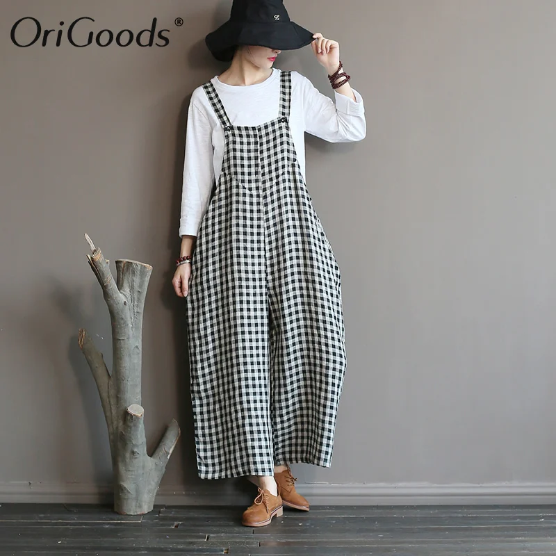 

OriGoods Linen Plaid Overalls Women Summer Jumpsuit Loose Casual Overalls for Women Kawaii Cute Jumpsuit Combinaison Femme A403