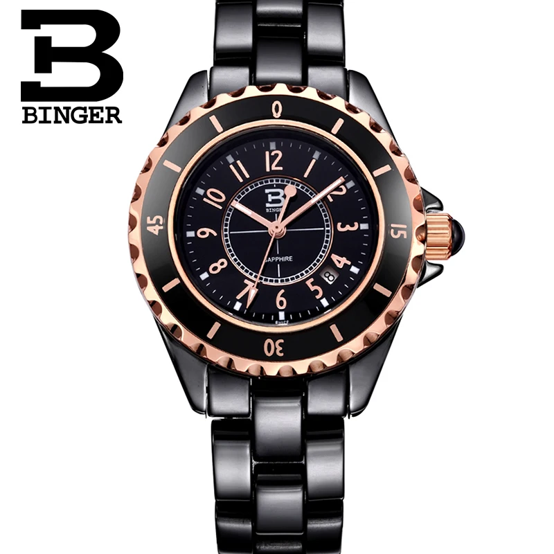 Новое поступление швейцарские роскошные брендовые наручные часы Бингер керамические кварцевые женские часы водонепроницаемые часы B8008A-2