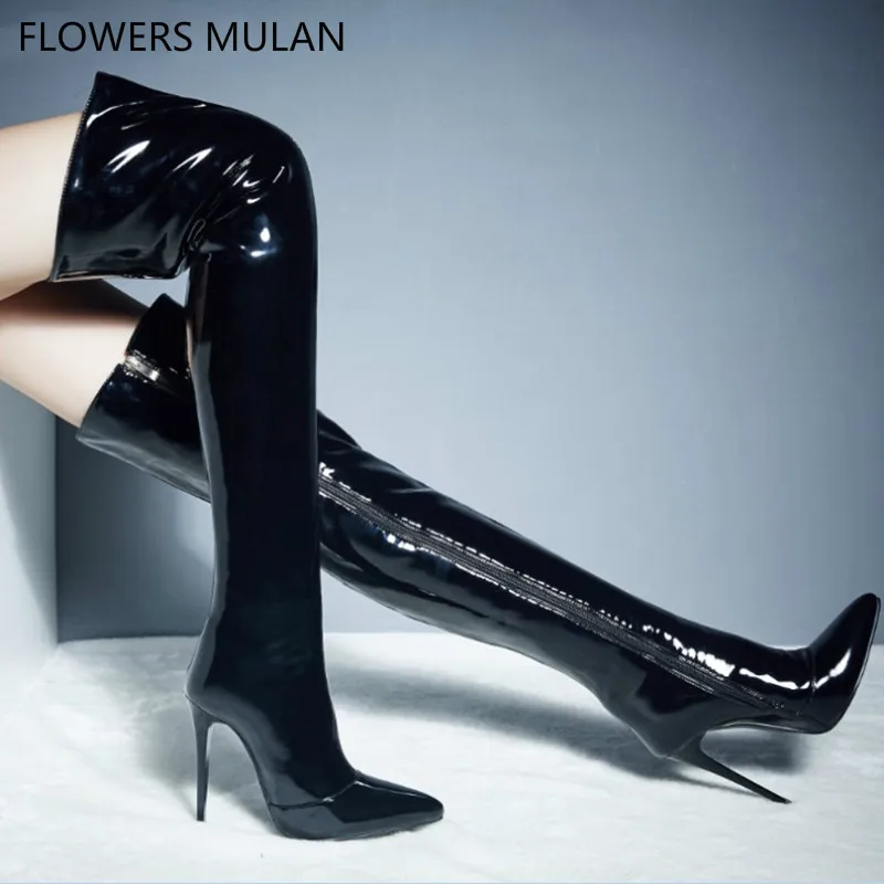 Muslo Mujer La Chic Botas Zapatos Laterales Pie Rojo As Show Invierno Dedo Negro Lujo Alta Show Puntiagudo Del Alto De Cremalleras Patente as Cuero Tacón Señora Rzq8v0