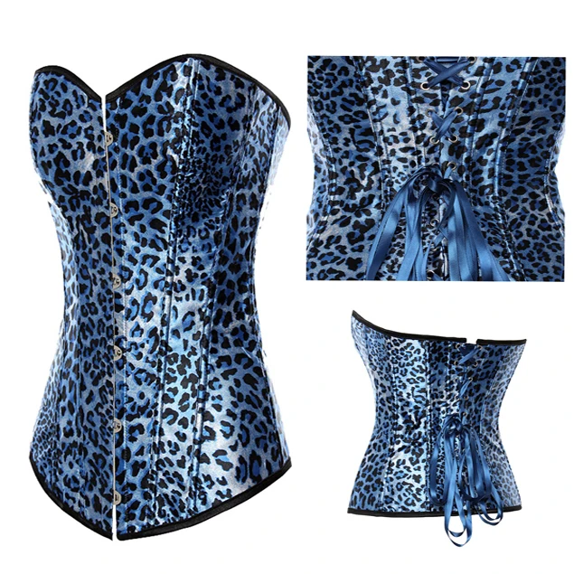 

NEW BLue Leopard Sexy Lace UP Satin Corset Bustier G String Size S M L XL N28