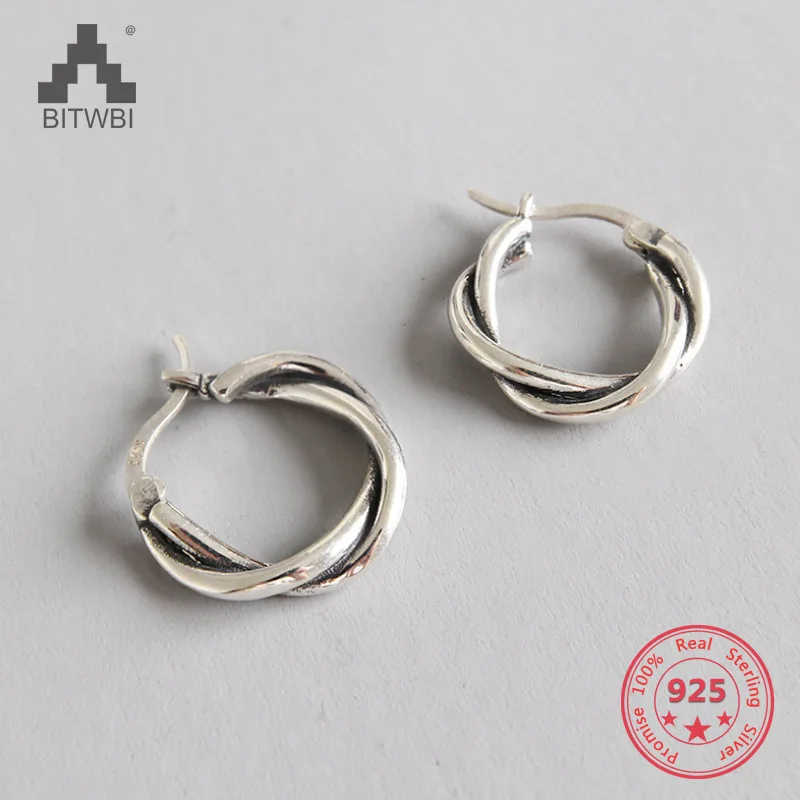 Серьги кольца из чистого серебра 925 пробы ручной работы с витой веревкой для