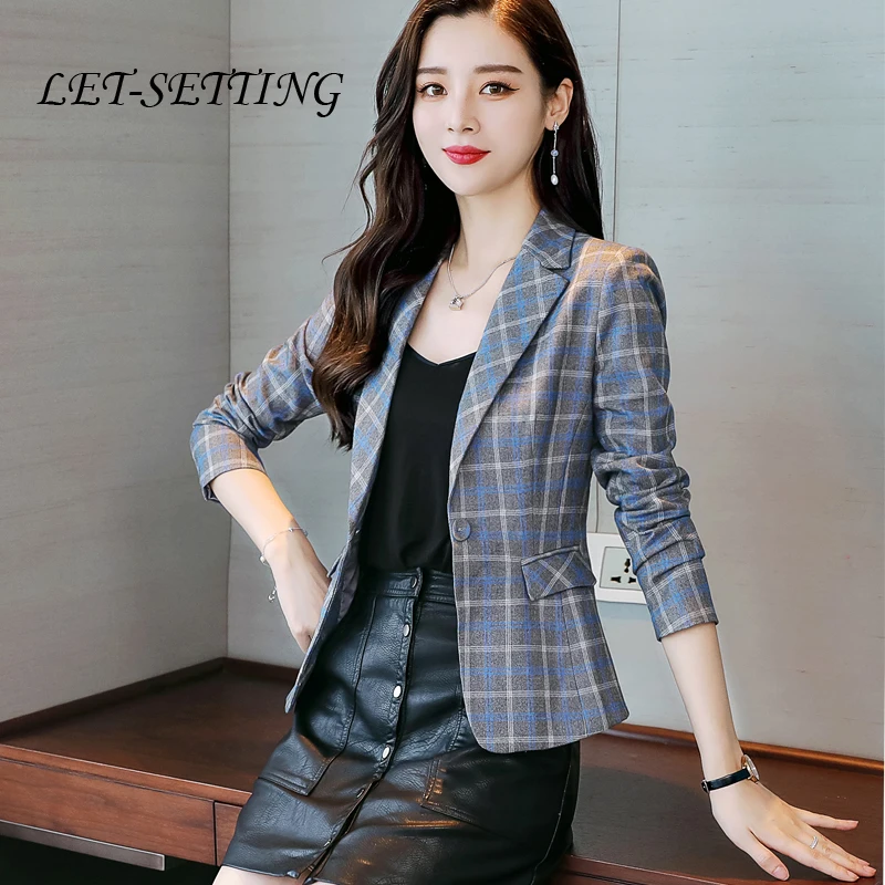 

large size spring autumn new slim one button casual suit Plaid retro temperament women jacket plus size blazer women coat