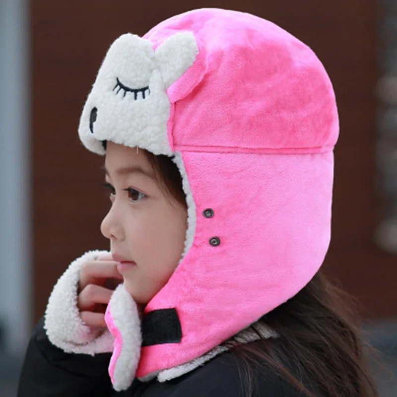 Детские зимние шапки-бомберы для мужчин; детская утепленная Балаклава из хлопка с мехом; зимние теплые шапки с ушками; русская маска с черепом; шапки-бомберы - Цвет: Hot pink