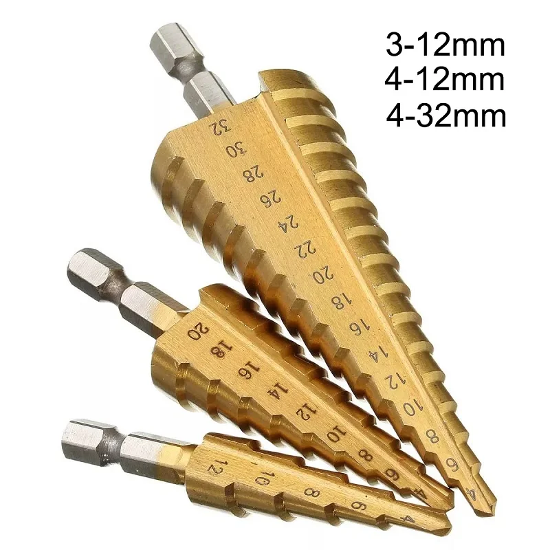 ALLSOME 3-12 мм 4-12/20/32 мм Шаг сверло Спираль Флейта HSS сталь конус с титановым покрытием мини сверло Набор инструментов дыропробивной пресс - Цвет: 4to12 4to20 4to32