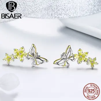 

BISAER 2019 New 925 Sterling Silver Butterfly Stud Earrings for Women Yellow CZ Butterfly Fashion Earrings Luxury Jewelry EFE064