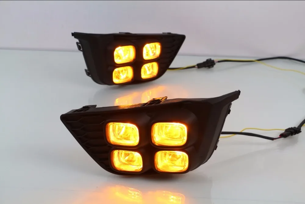 

Qirun led drl daytime running light for honda fit 2014-2016 with yellow turn signals and blue night running light