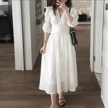 Французский романтический стиль белые платья летнее однобортное длинное платье с v-образным вырезом и пышными рукавами винтажное хлопковое платье с v-образным вырезом