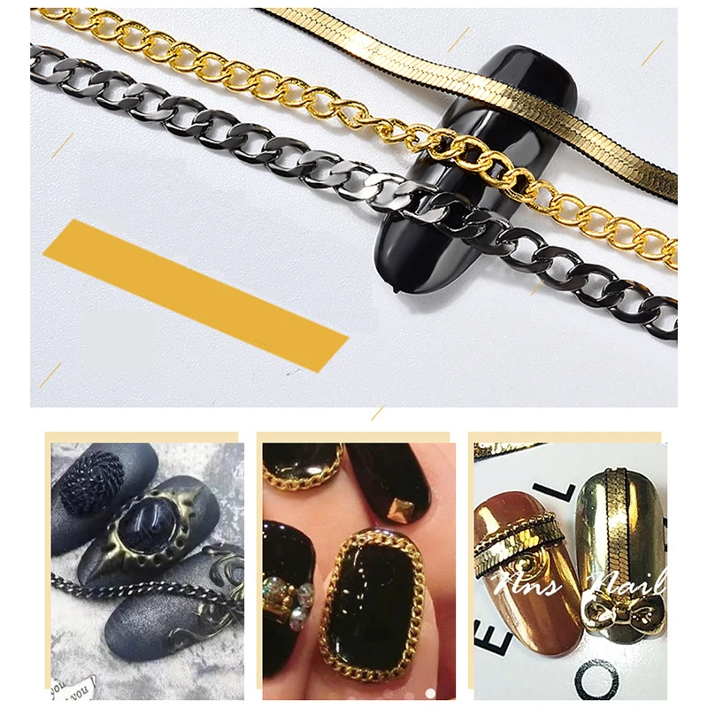 

MIOBLET 50CM Flat Shape Metal Nail Chain Gold Black Decorations Snake Chain Bone DIY 3D Vintage Nail Art Rhinestones Accessories
