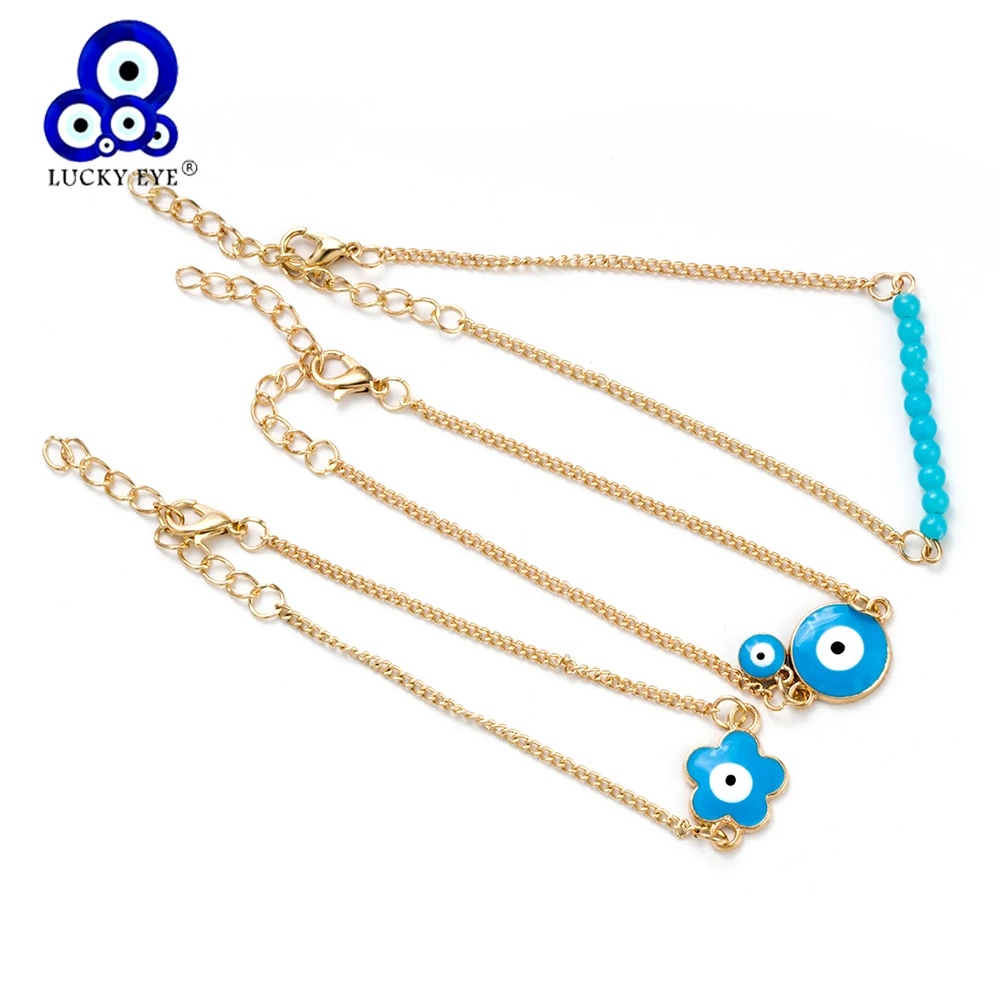 

Lucky Eye 3pcs/set Flower Charms Bracelet Chain Link Couple Bracelets For Women Girl Wish Jewelry Gifts EY6078