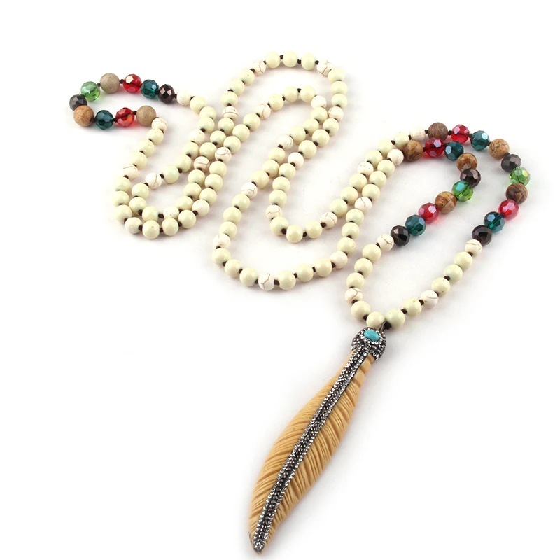 Модные богемные ювелирные изделия Mumti каменное стекло длинные узлы проложенные листья кулон ожерелье s для женщин национальное ожерелье