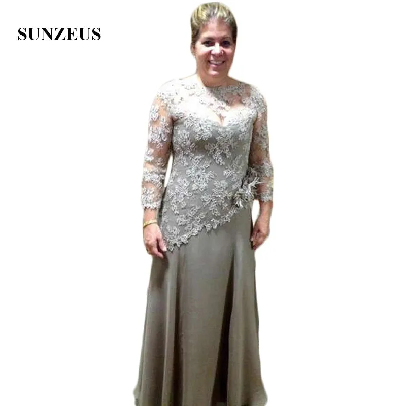 

Sheer Lace Long Sleeve Mother of the Bride Dresses Elegant Groom Mother Dress A-Line Chiffon Wedding Party Dresses SMD31