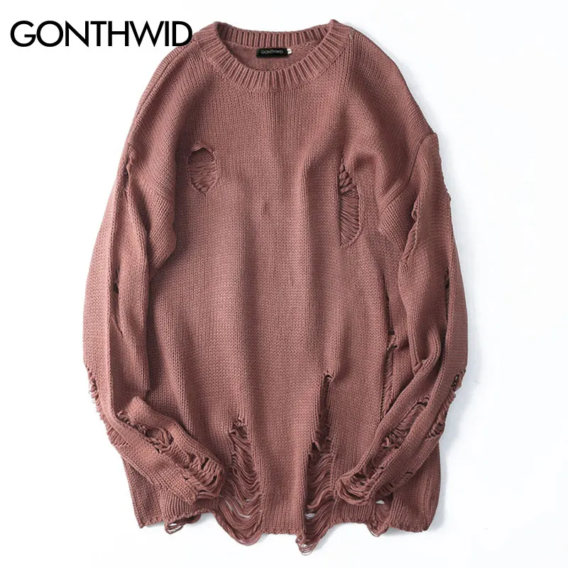 GONTHWID рваные потертые свитеры мужские вязаный пуловер, свитер для мужчин хип-хоп модный свободный свитер уличная одежда