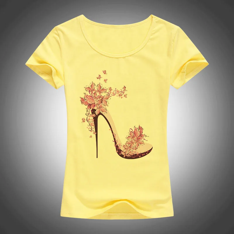Новинка; красивая летняя хлопковая футболка на высоком каблуке с принтом; женские футболки Kawaii; модные повседневные футболки с коротким рукавом в стиле Харадзюку; F27 - Цвет: Цвет: желтый