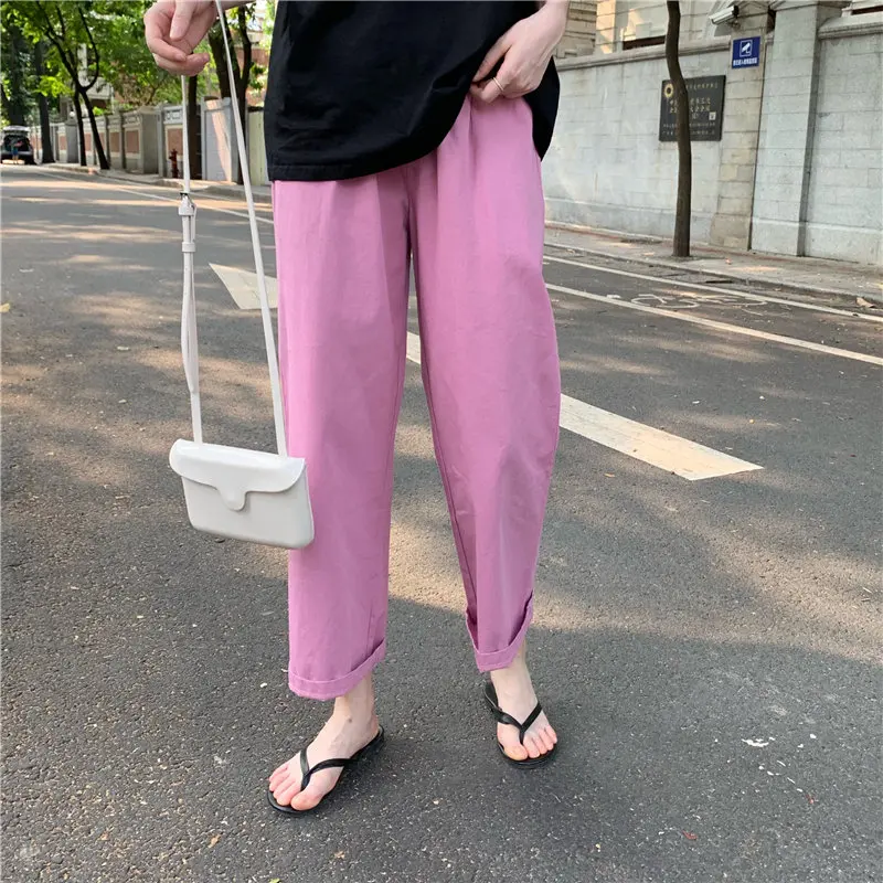 

HziriP 2019 Summer Casual Korea Solid Brief Fashion High Elastic Waist Fresh Loose Solid Free Straight Women Trousers 2 Colors