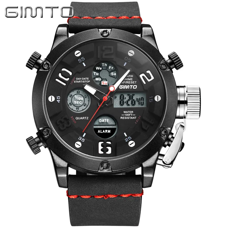 GIMTO Brand Digital Men Sport Watch Shock Male Clock Cool Army Diving Watches Waterproof Leather Military