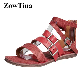 

Vintage Red Leather Women Flat Sandals Gladiator Ankle Strap Casual Summer Shoes White Beach Bohemian Buckle Sandalias Mujer