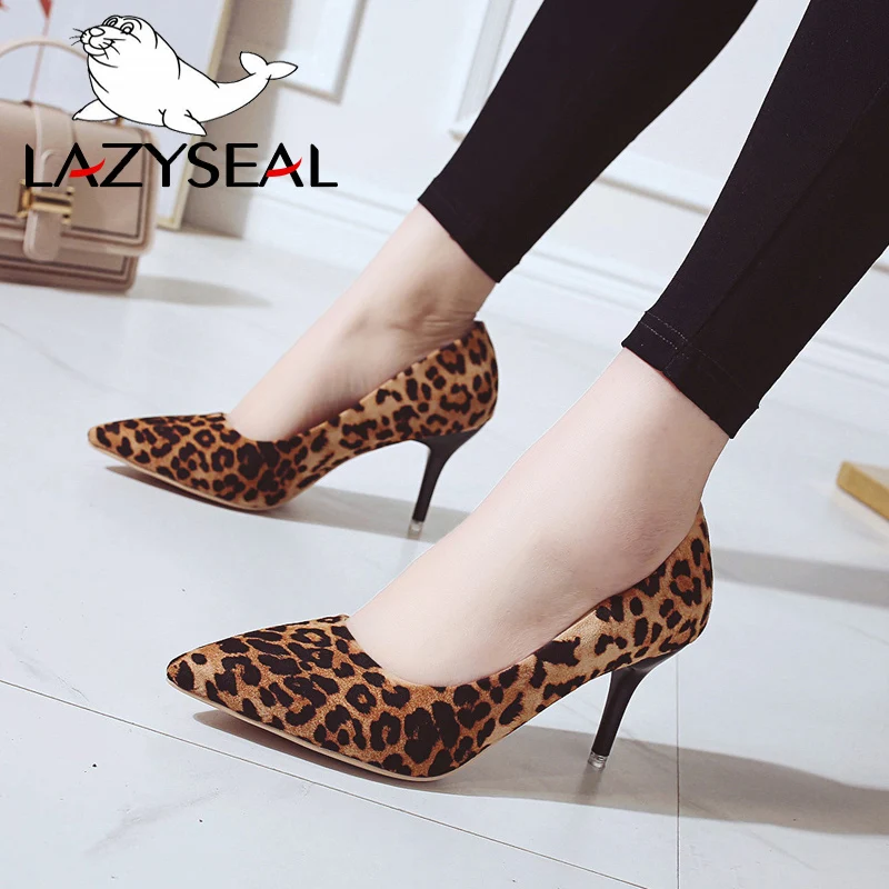 LazySeal High Heels Leopard Shoes Women Pumps Office Stiletto Faux Suede Wedding Party 2019 Slip On Sandals Femme Sexy Pumps