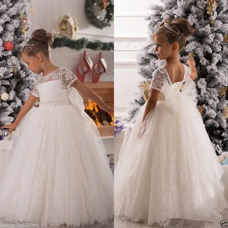 2016 New Floor Length Lace Flower Girl Dresses Gowns Kids Graduation