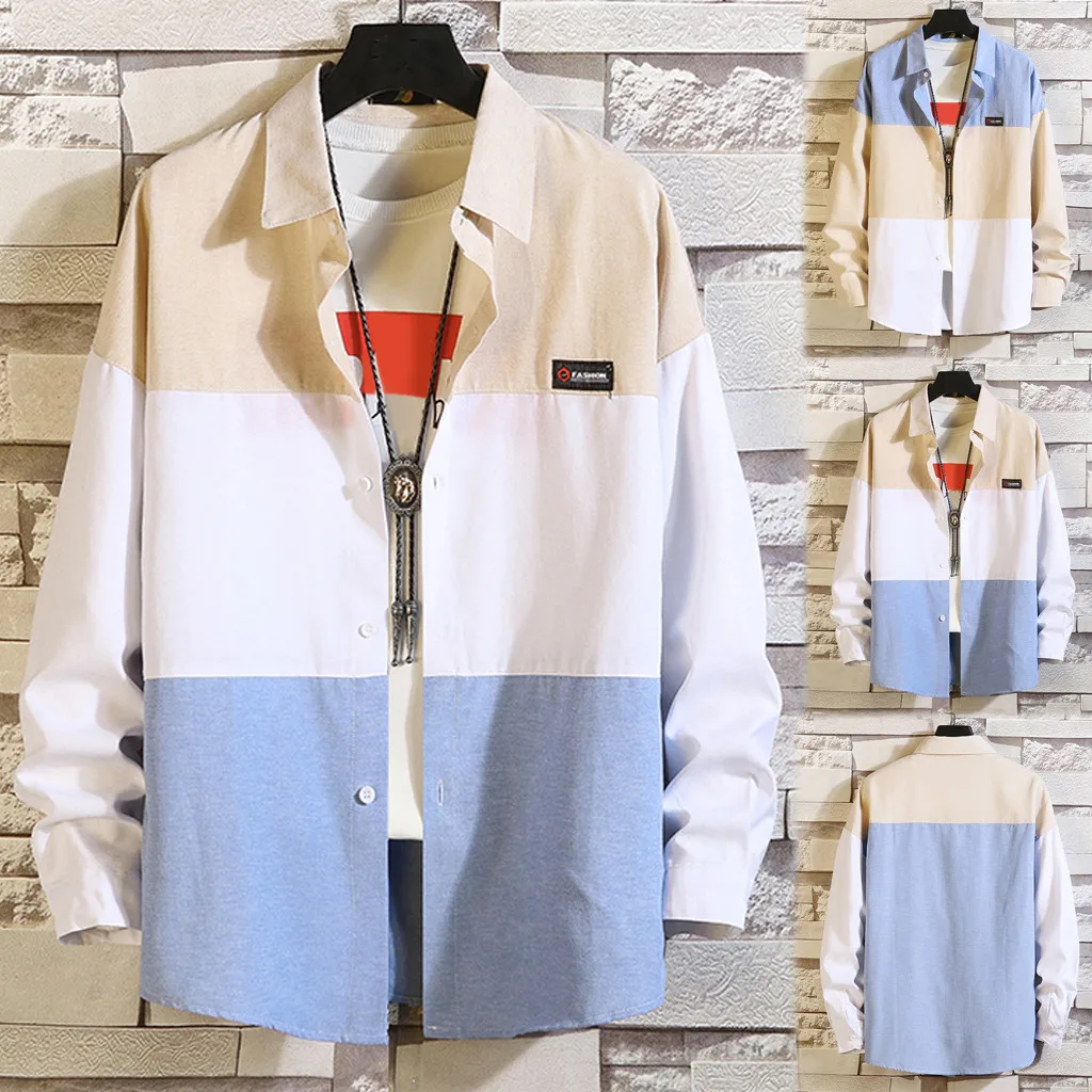 

Men's Casual Fashion Colour Collision Patchwork Long Sleeve Shirt Top Blouse thin loose jacket pure cotton spring autumn