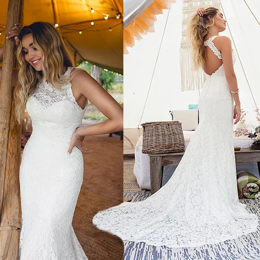 

Halter Neckline And Plunging Keyhole Back Wedding Dress Illusion Style Fitted Sheath Style Gown Featuring Full Sheet Lace Bridal