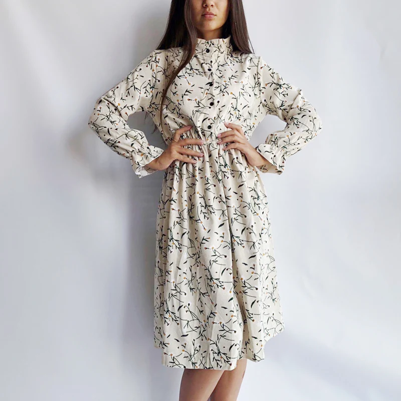 

Corduroy Soft Floral Print Women Autumn Winter Dress Stand Collar Female Party Loose Dresses Elastic Waist Beach Vestidos