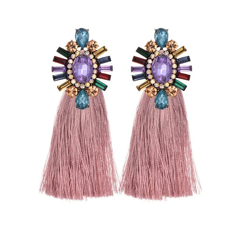 22 Colors Blue Long Tassel Earrings For Women Vintage Crystal Drop Earrings For Wedding Fashion Statement Jewelry - Окраска металла: purple pink