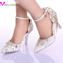 Pointed Toe Ankle Strap Boots Bridal Shoes Ivory Pearl Wedding Party Dress Shoes Rhinestone Pumps for Wedding Events Prom Shoes