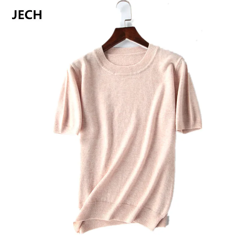 Summer Wool Sweater JECH Spring Autumn Women Solid Big Short Sleeve O-neck Pullovers Jumper Knitted Oversize Sweaters | Женская одежда