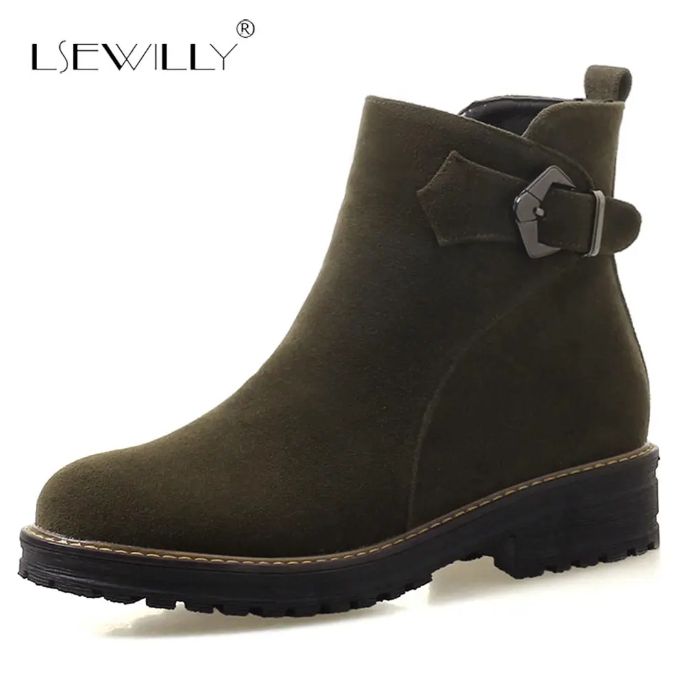 

Lsewilly Women's Shoes Ankle Boots Chunky Block Heel Metal Buckle Round Toe Short Plush Winter Women's Boots Black Big Size S613