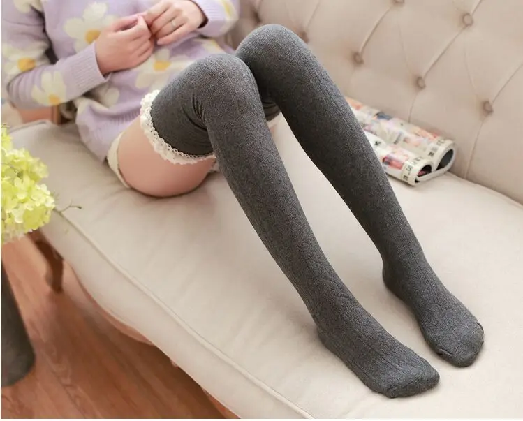 Japanese Lace Ruffles Slim Thigh High Socks Girl Preppy Hemp Flowers Vertical Bar Pure Cotton Stocking Knee-high Fashion Socks 10