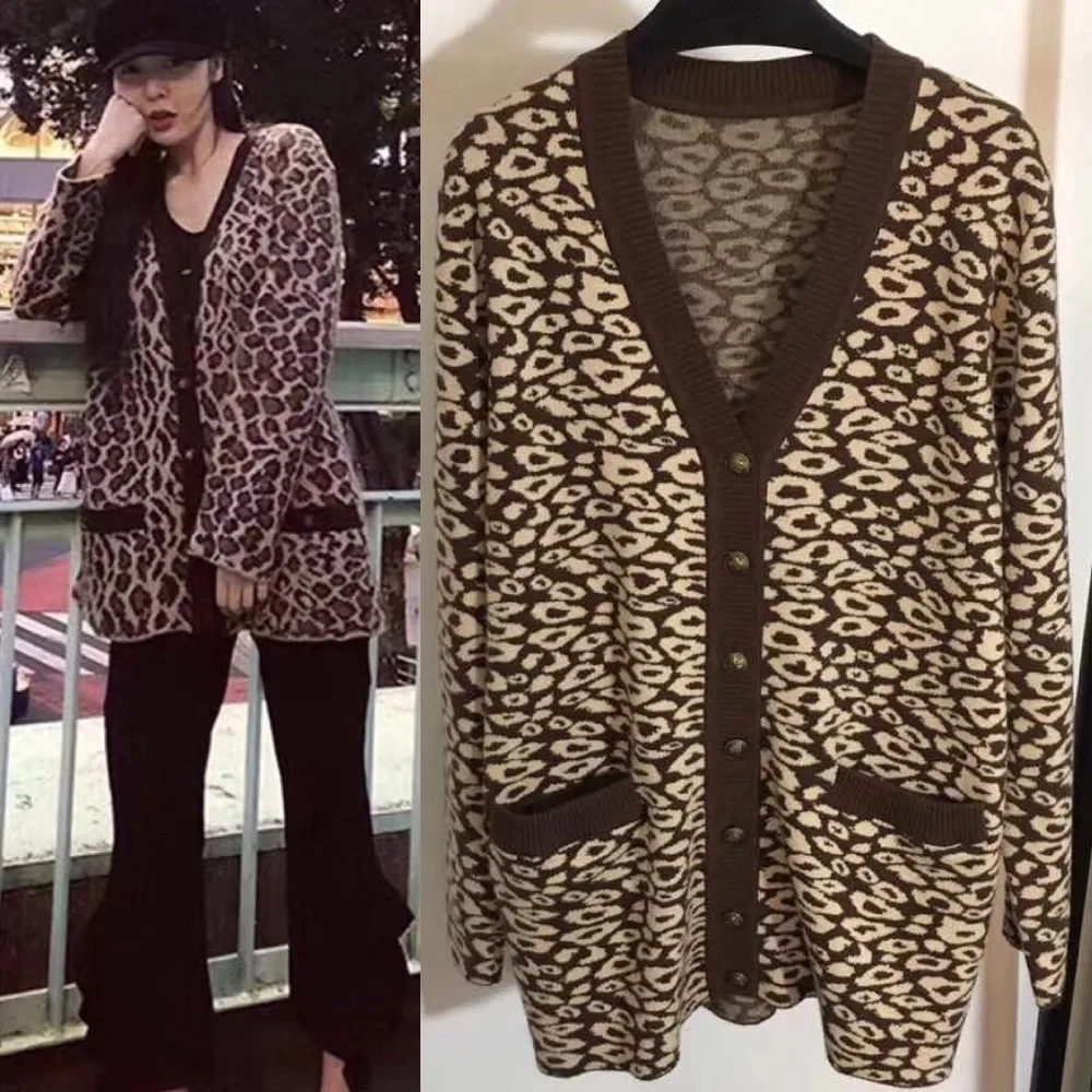 Горячая Распродажа Осенняя повседневная одежда для женщин модный Леопардовый длинный кардиган с v-образным вырезом свободный вязаный свитер Feminino