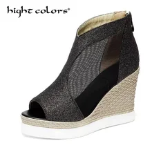 Модный пэчворк; женские блестящие шлепанцы без задника с блестками женская обувь на платформе обувь на танкетке; на высоком каблуке; Легкие газовое Сандалии-гладиаторы с открытым носком US10.5