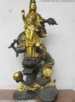 

Chinese Tibet Folk Fane Bronze Gild Kwan-Yin on Dragon buddha Buddhism Statue