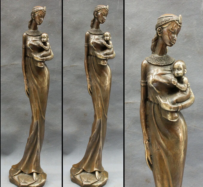 

006809 16" Chinese Bronze Copper Art Standing Woman Belle Hold Baby Kid Child Statue