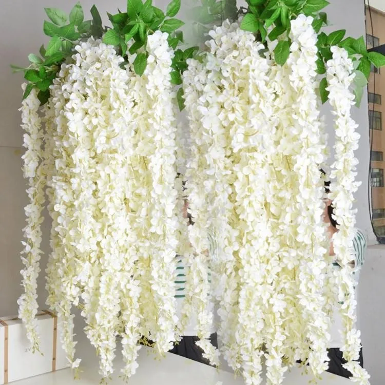 

Extra Long White Artificial Silk Hydrangea Flower Wisteria Garland Hanging Ornament For Garden Home Wedding Decoration Supplies